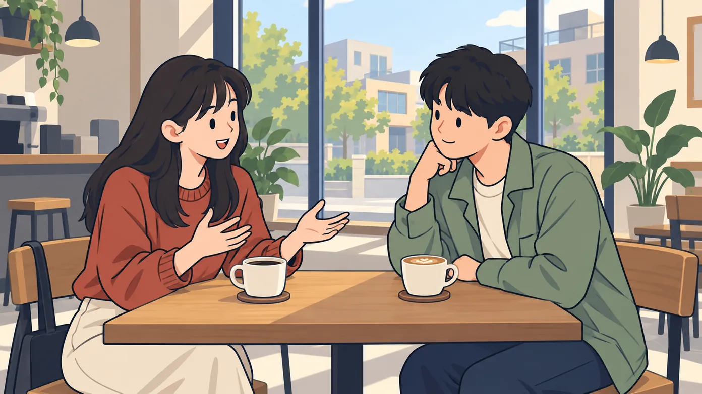 한국 동네 카페 창가에서 처음 만난 두 사람이 마주 앉아, 한 사람이 자기 이야기를 들려주고 상대가 흥미롭게 듣는다.
