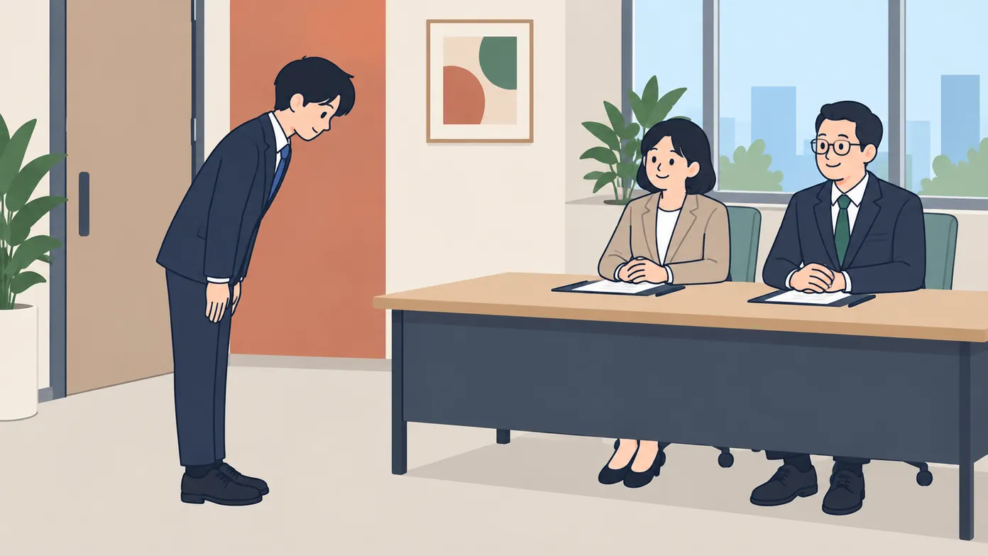 한국 회사 면접실 입구에서 정장 차림의 지원자가 문을 닫고 들어와 면접관들을 향해 허리를 숙여 정중하게 인사한다.