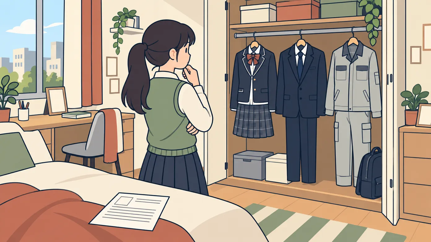 한국 가정집 방의 열린 옷장 앞에서 학생이 교복, 어두운 정장, 실습 작업복 세 벌을 보며 무엇을 입을지 고민한다.
