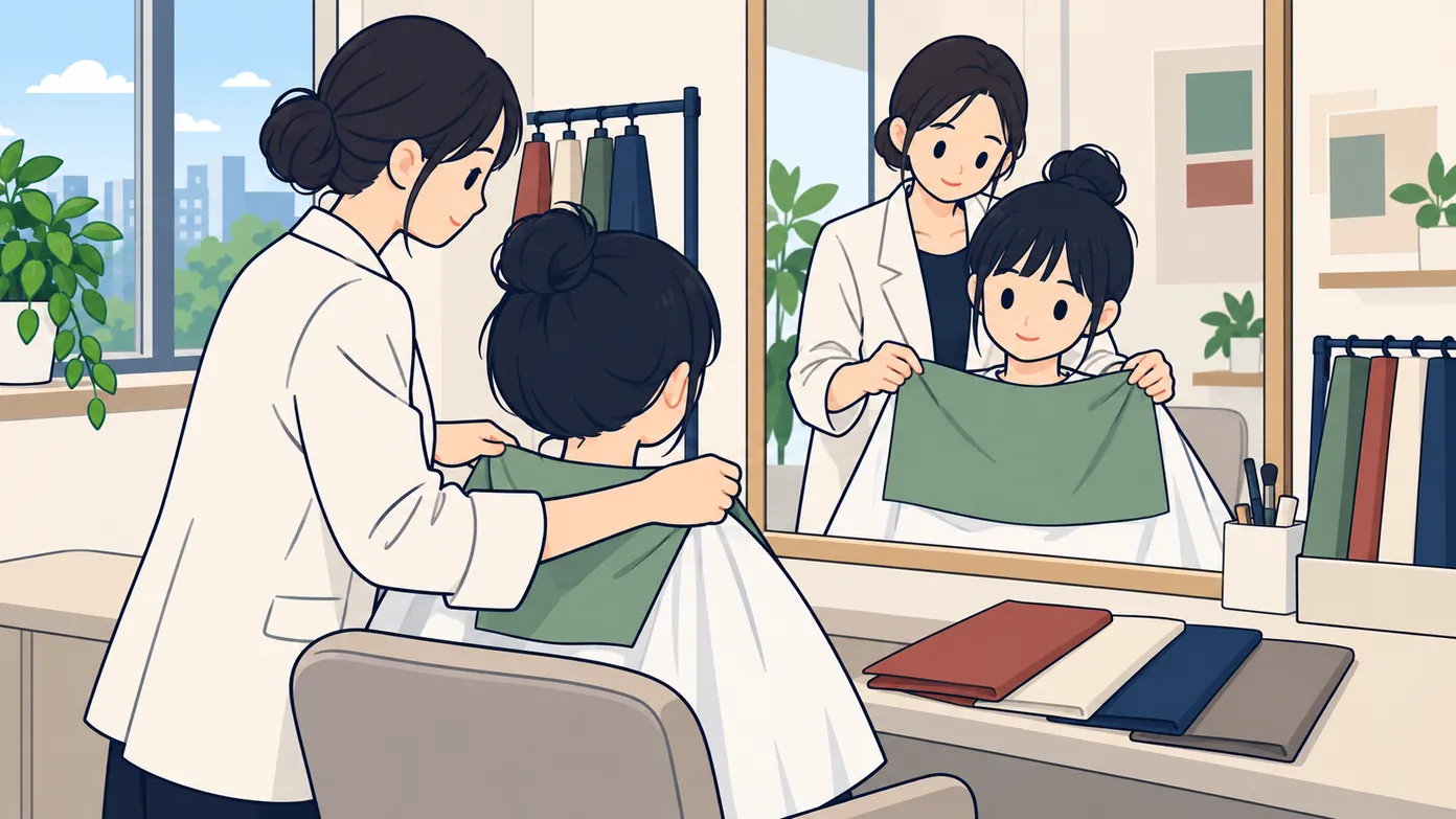 한국 퍼스널컬러 진단실에서 진단사가 여러 색의 천을 거울 앞에 앉은 젊은 여성의 목 아래에 차례로 대어 보인다.