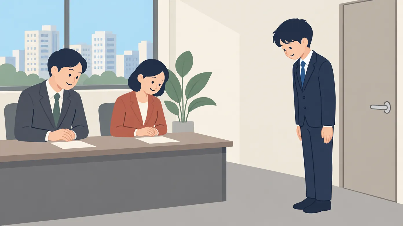한국 회사 면접실 문 앞에서 면접을 마친 정장 차림의 지원자가 문을 나서기 전에 면접관들을 향해 돌아서서 가볍게 목례한다.