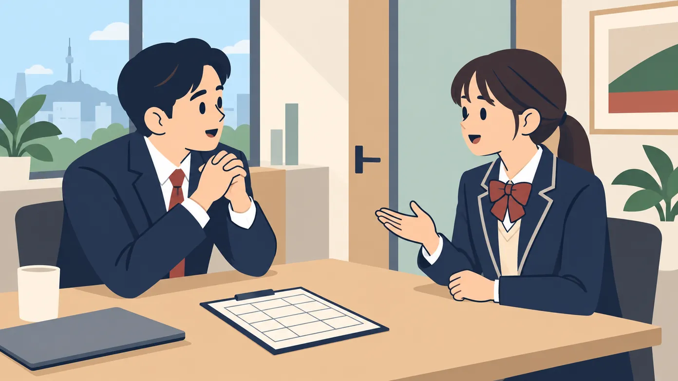모의면접에서 면접관 역할의 학생이 두 손을 모으고 몸을 앞으로 기울여 한 번 더 묻고, 교복 입은 학생이 차분히 손을 펴 보이며 설명한다.
