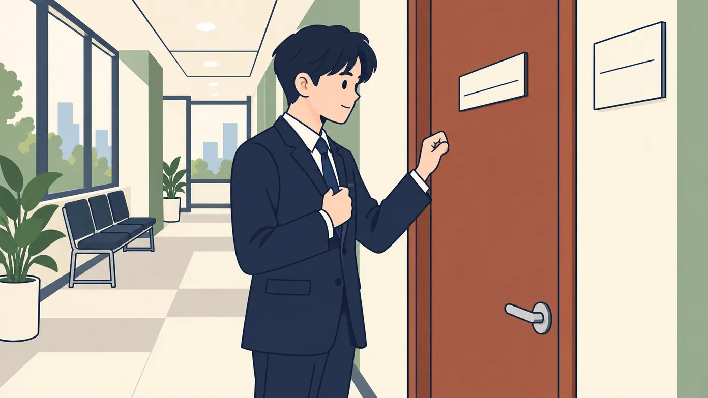 한국 회사 면접실 앞 복도에서 정장을 입은 젊은 지원자가 노크하기 직전 숨을 고르며 옷매무새를 정돈한다.