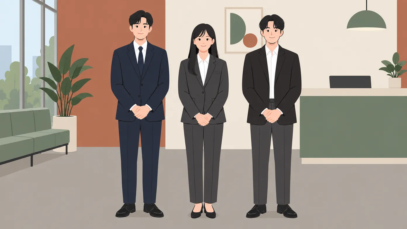 한국 회사 로비에서 면접을 기다리는 젊은 지원자 세 명이 네이비·차콜·어두운 단색 재킷과 흰 셔츠 차림으로 나란히 서 있다.
