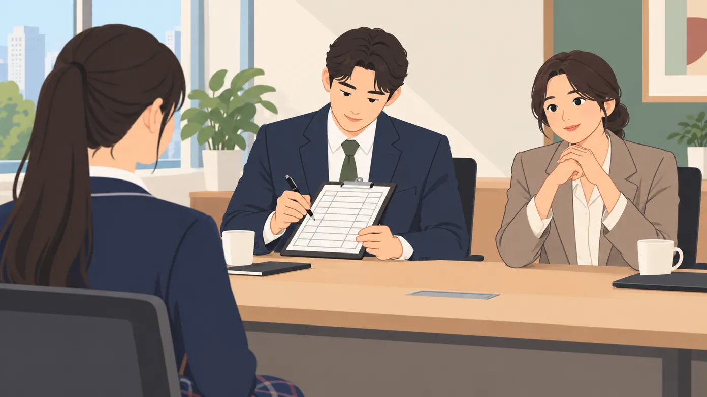 한국 회사 면접실에서 면접관 한 명은 평가표에 메모하고 다른 한 명은 교복 입은 지원자를 보며 듣는다.