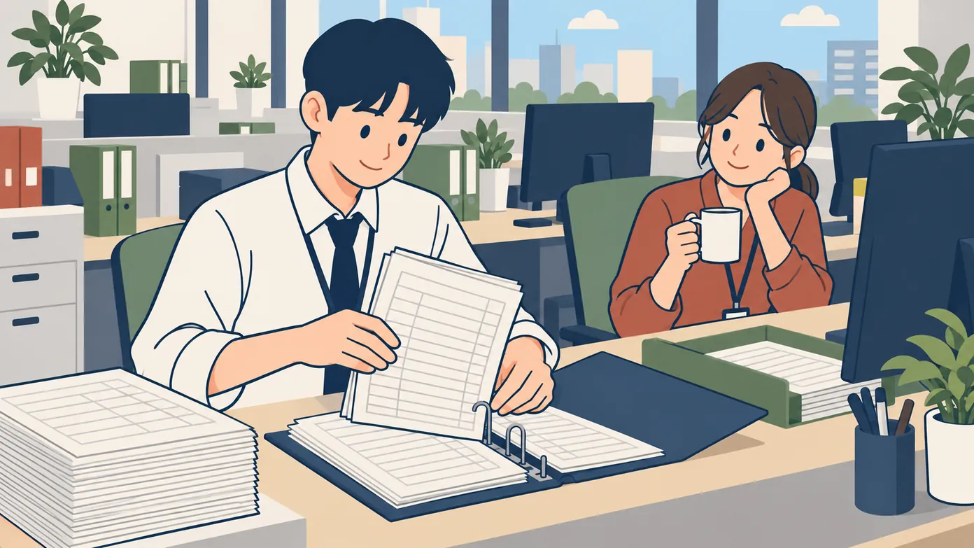 한국 회사 사무실에서 젊은 신입 직원이 전표 묶음을 날짜순으로 정리해 파일철에 끼우고, 옆자리 선배가 흐뭇하게 본다.