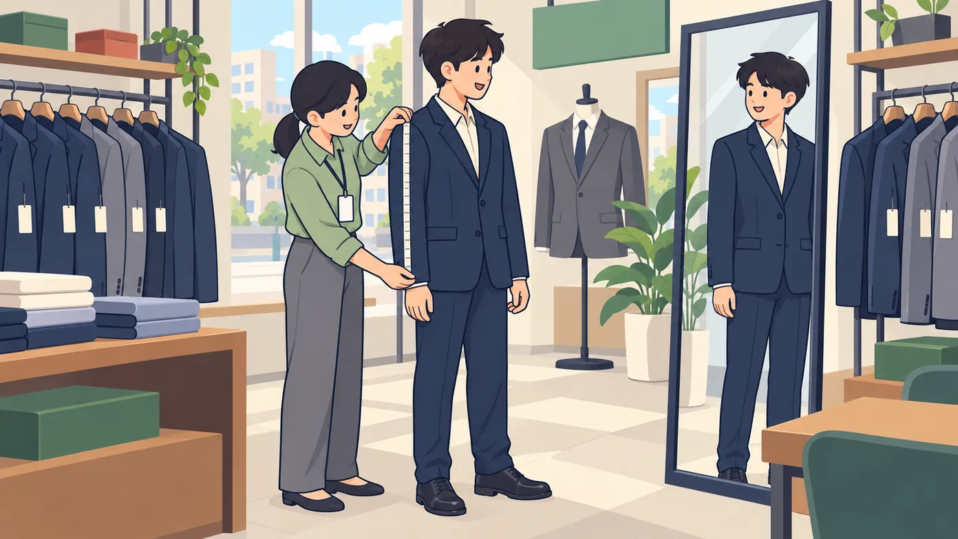 한국 도심의 청년 정장 무료 대여 공간에서 직원이 청년의 재킷 소매 길이를 줄자로 재 주고, 청년은 거울을 보며 웃는다.
