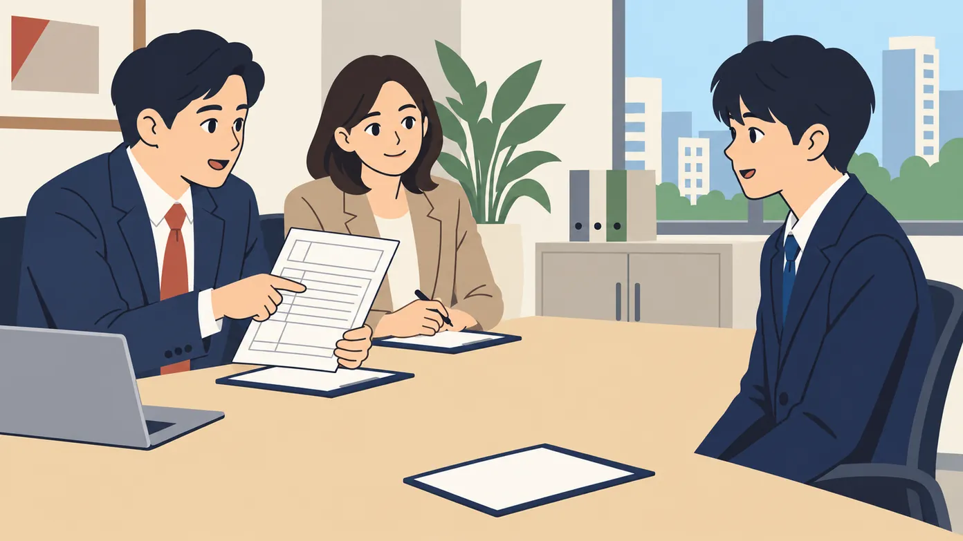 한국 회사 면접실에서 면접관이 지원자의 서류 한 줄을 손가락으로 짚으며 묻고, 정장을 입은 젊은 지원자가 차분히 듣는다.