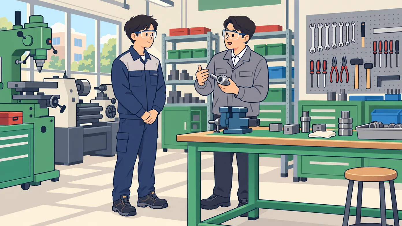 한국 특성화고 기계 실습실에서 작업복과 안전화, 보안경을 착용한 학생이 작업대 앞에서 선생님의 설명을 듣는다.
