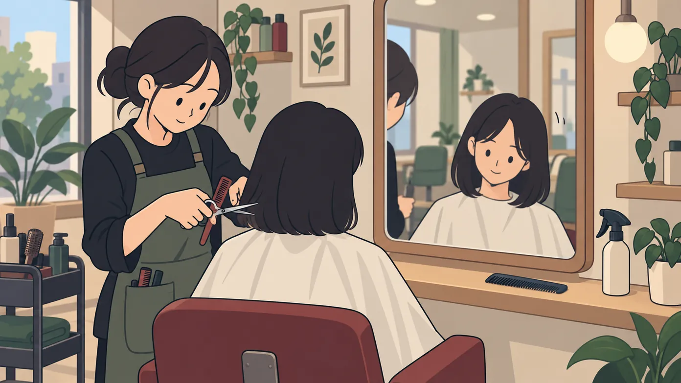 한국 동네 미용실에서 미용사가 손님의 머리끝을 다듬고, 손님이 거울 속 자기 모습을 보며 고개를 끄덕인다.