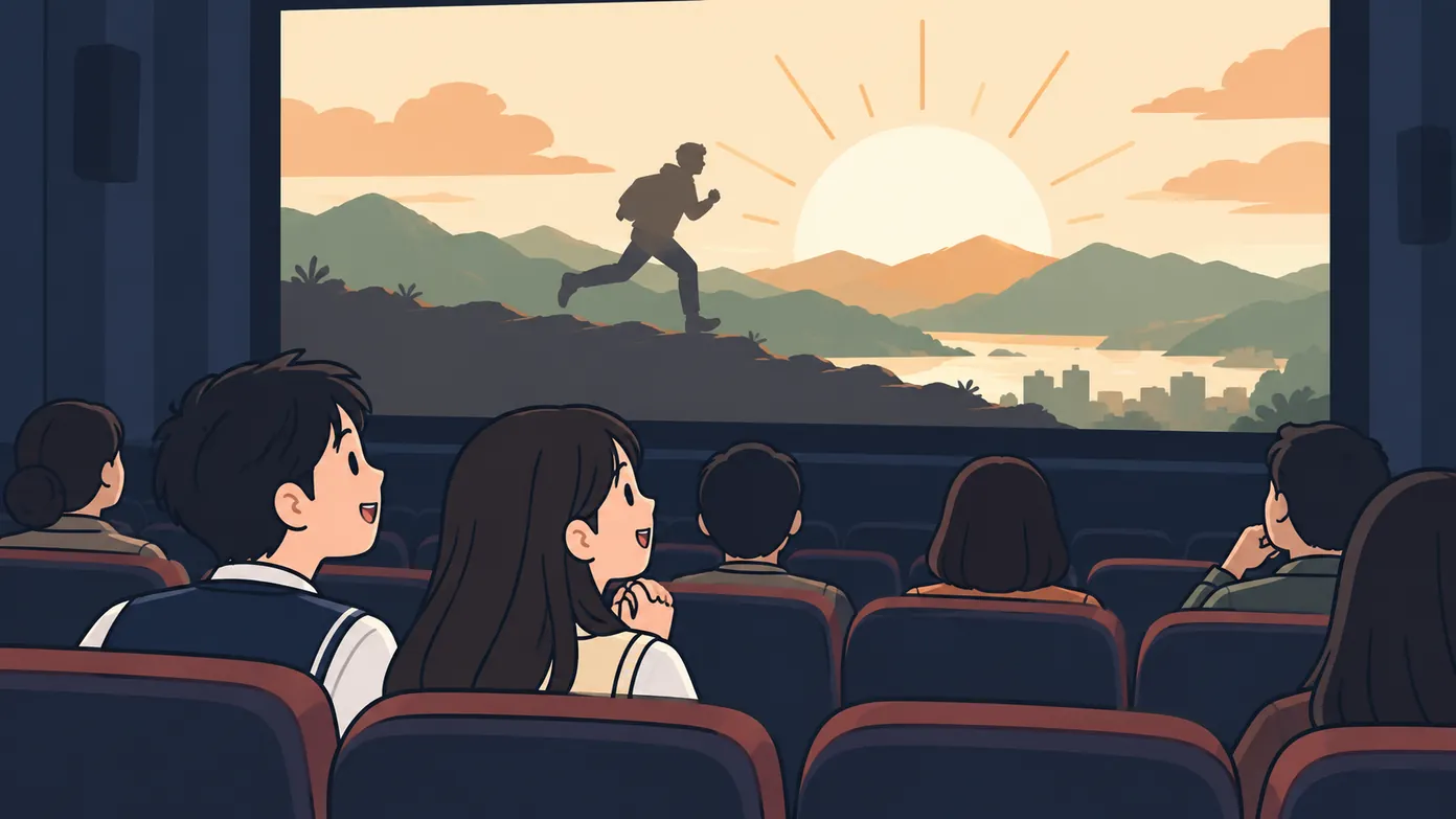 한국 영화관 객석에서 고등학생 관객들이 스크린의 인상적인 한 장면을 궁금한 표정으로 올려다본다.