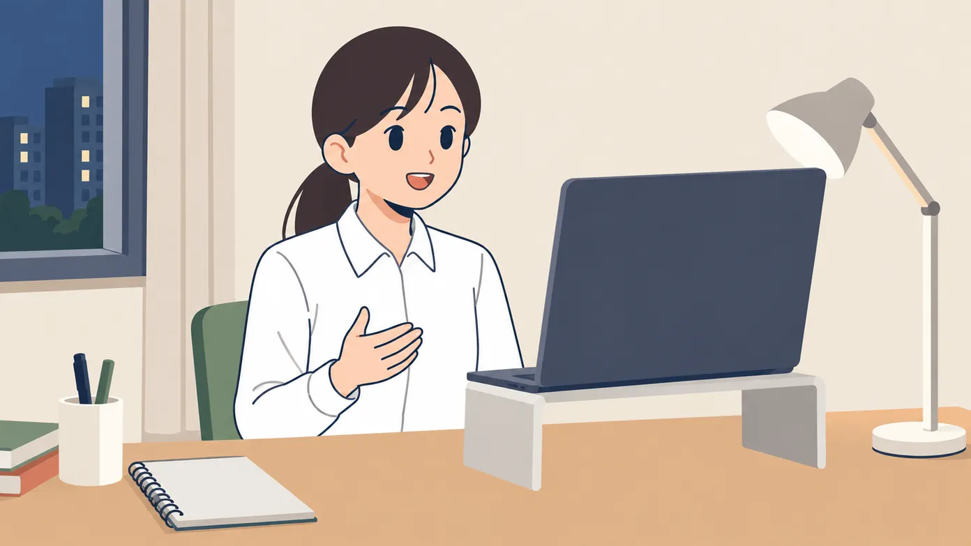 저녁 한국 가정집 방 책상에서 단정한 셔츠를 입은 학생이 노트북 위쪽 카메라를 보며 말하고, 앞의 스탠드 조명이 얼굴을 밝힌다.