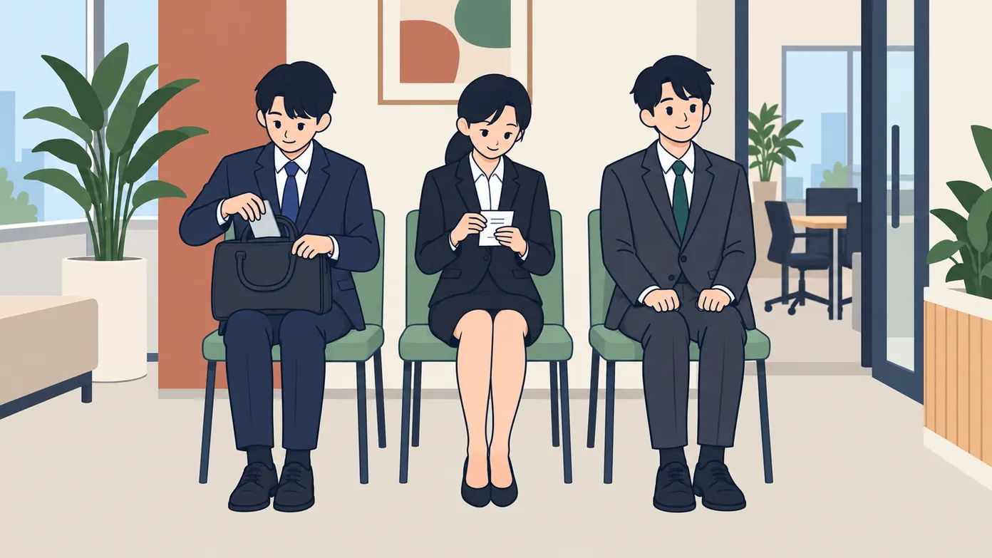 한국 회사 면접 대기실에서 정장 차림의 지원자들이 바르게 앉아 조용히 기다리고, 한 명은 휴대폰을 가방에 넣는다.