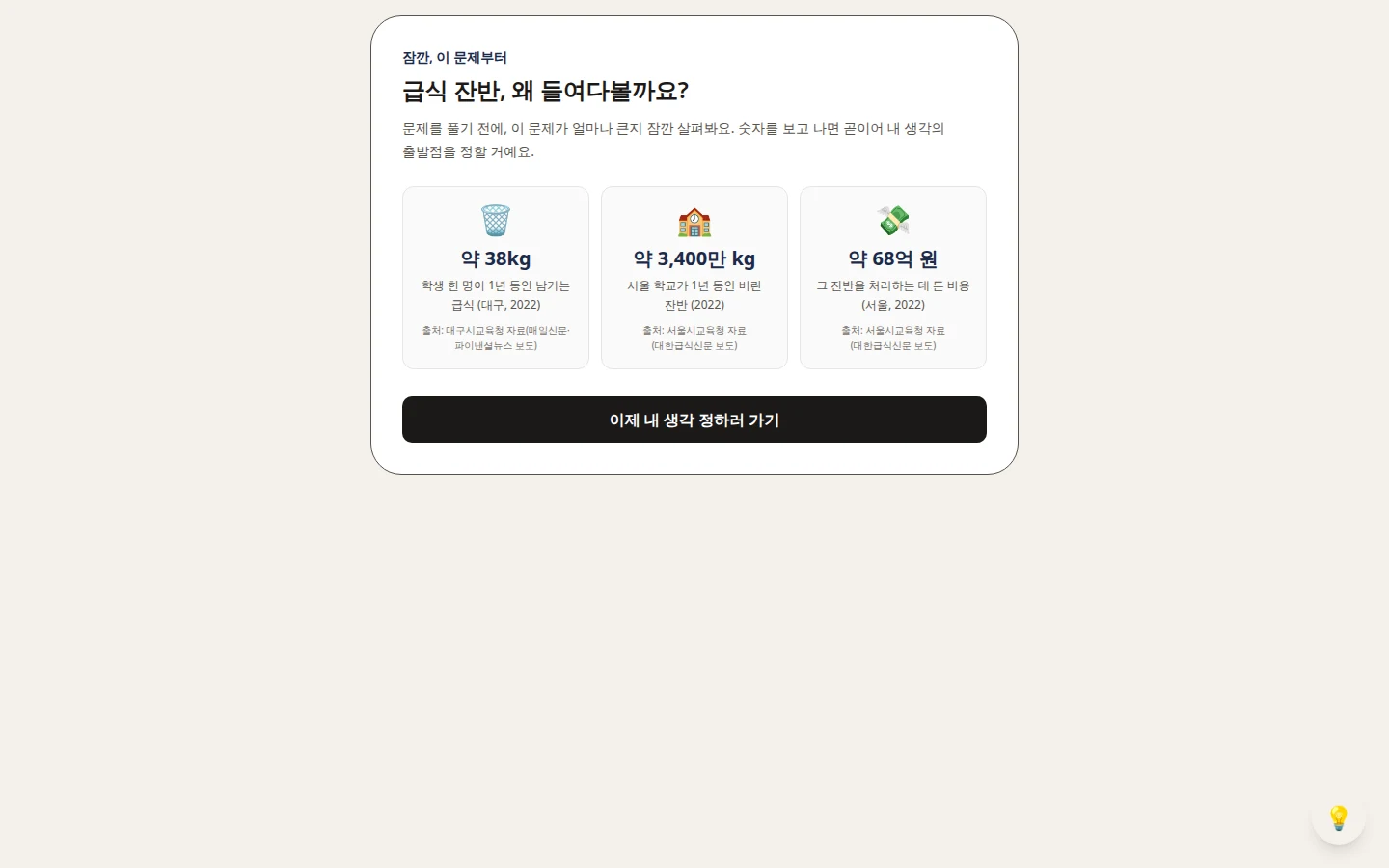 온보딩 브리핑 화면 — 급식 잔반 통계 3장(38kg·3400만kg·68억원)