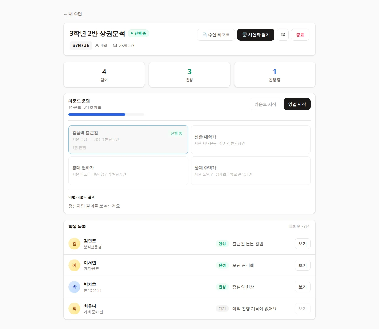 교사 관제탑 — 참여/완성/진행 통계, 라운드 운영(라운드 시작·영업 시작), 4개 상권 스위처, 학생 목록(업종·상태·가게명)