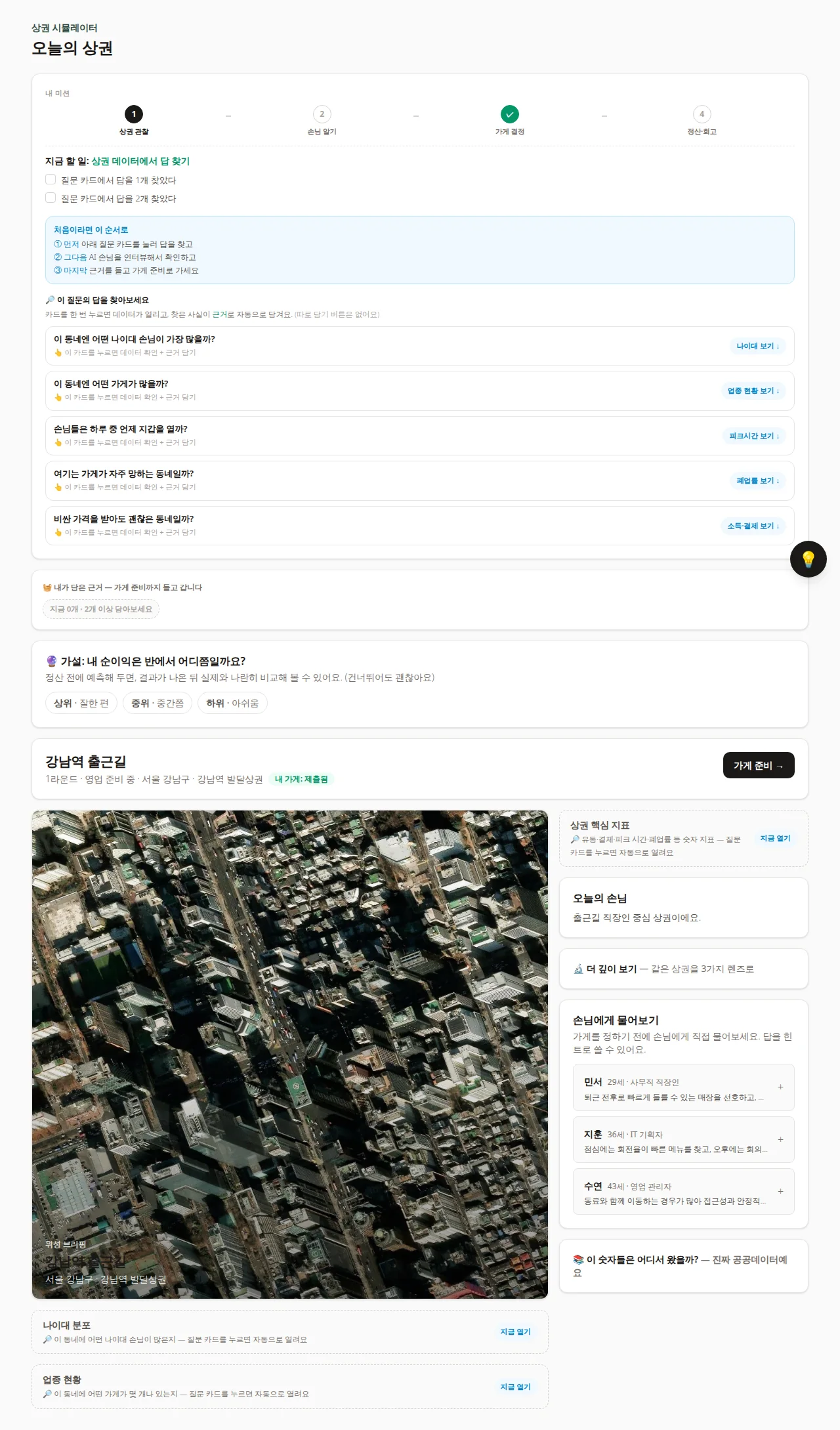 상권 브리핑 실제 화면 — 미션 4단계, 질문 카드 5장(누르면 데이터 확인+근거 담기), 상권 핵심 지표 6종, 위성 지도, 오늘의 손님, 손님에게 물어보기 페르소나, 🧺 근거 트레이